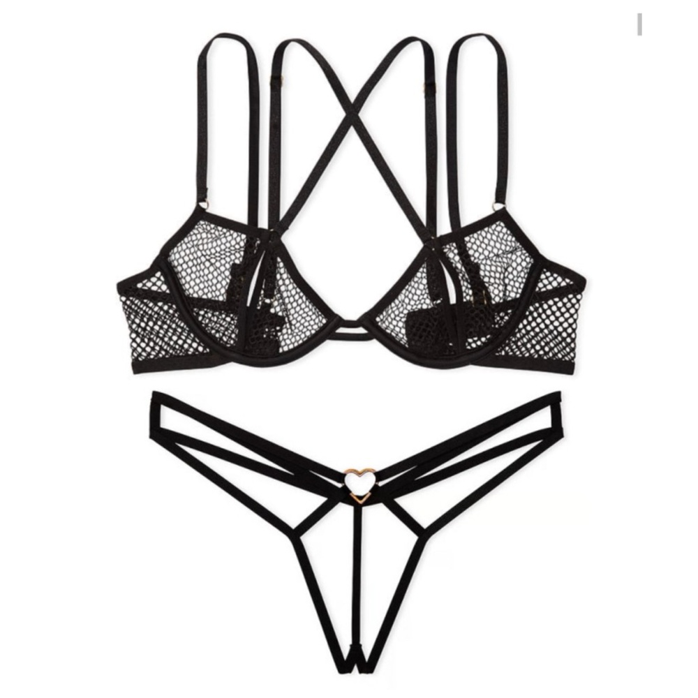 VS fishnet open cup peek a boo strappy bra crotchless heartware panty set black